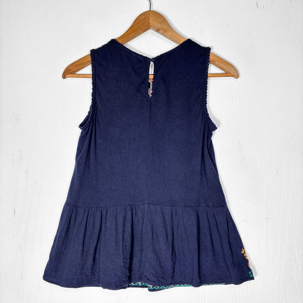 Alya Navy Blue Embroidered Sleeveless Peplum Boho Top Small - Picture 2 of 7